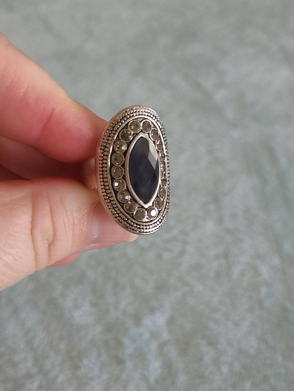 Onyx Black Marquise Accent Ring with Rhinestone Halo